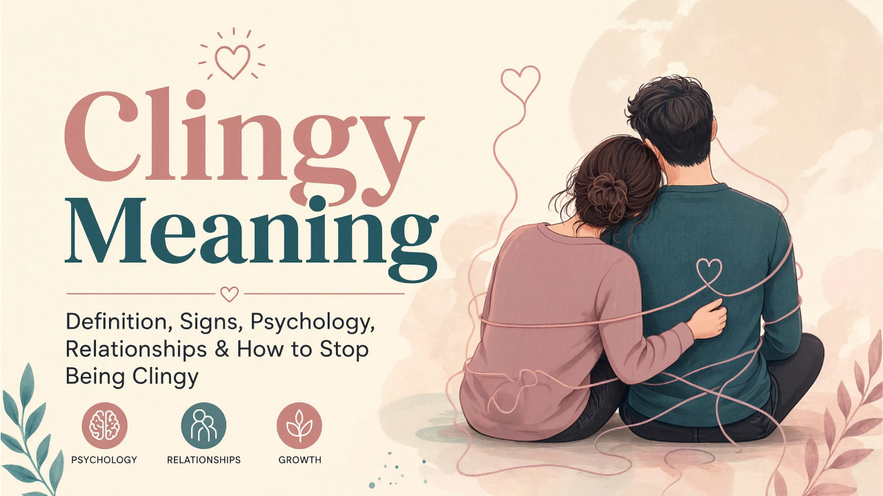 Illustration explaining the clingy meaning with a couple sitting together connected by heart-shaped strings, representing emotional attachment, relationships, psychology, and personal growth.