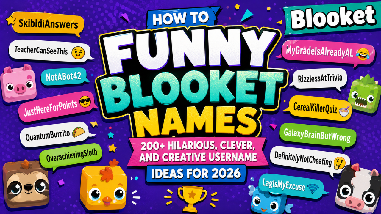 Colorful feature image for Funny Blooket Names showing creative and hilarious username ideas for 2026, including meme-inspired, school-friendly, and clever Blooket nicknames with playful game-themed graphics.