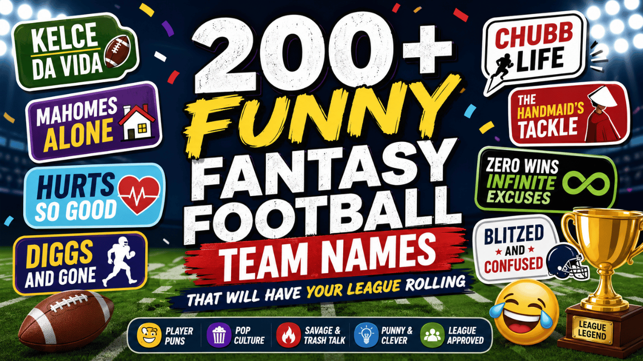 Feature image for funny fantasy football team names with a football stadium, trophy, and humorous graphics.