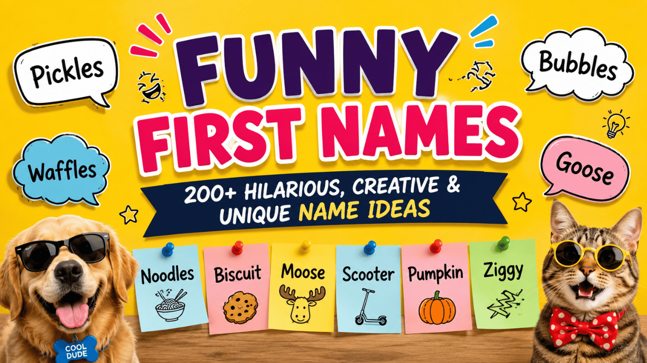 Colorful feature image showcasing funny first names with playful text, cartoon-style graphics, and creative name ideas like Pickles, Waffles, Bubbles, Goose, Biscuit, Moose, Scooter, Pumpkin, and Ziggy.