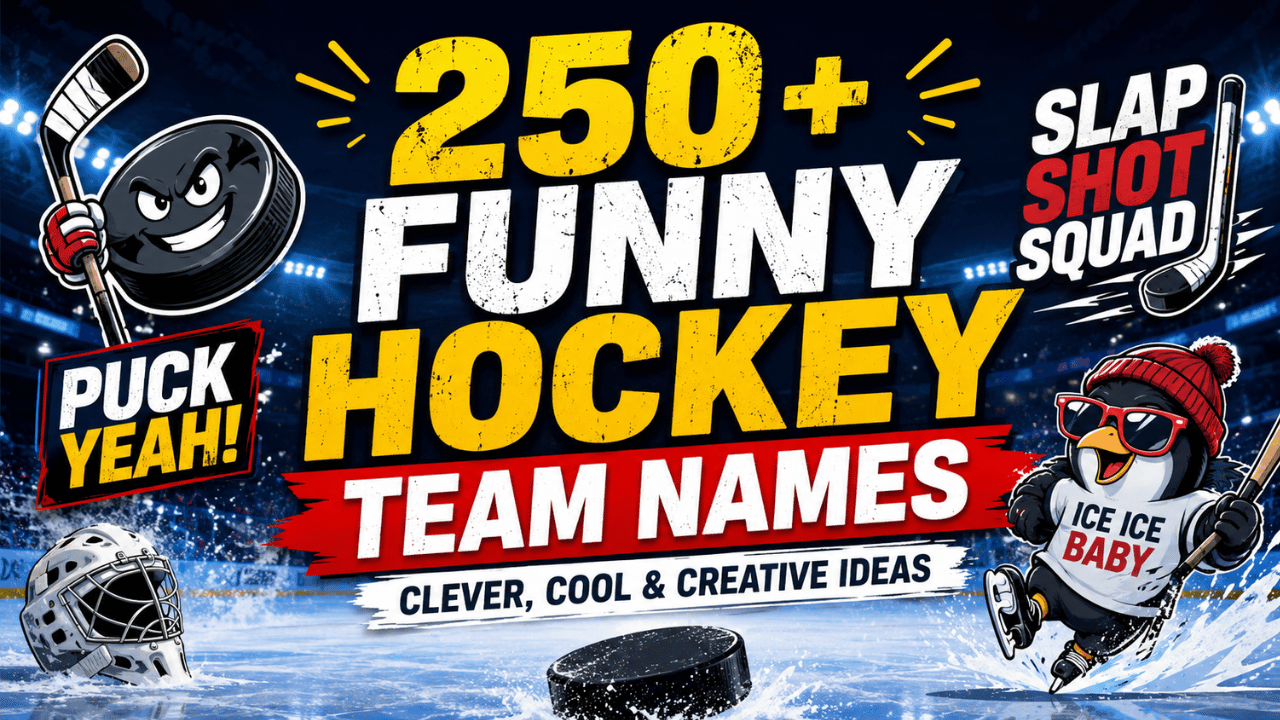 Feature image showcasing 250+ funny hockey team names with hockey puck, mascot, ice rink, and creative team name ideas for fantasy leagues and tournaments.