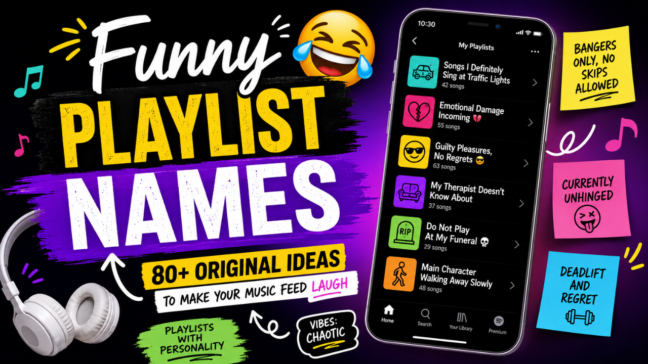 Funny Playlist Names feature image with a music app, headphones, emojis, and creative playlist title ideas for Spotify and Apple Music.