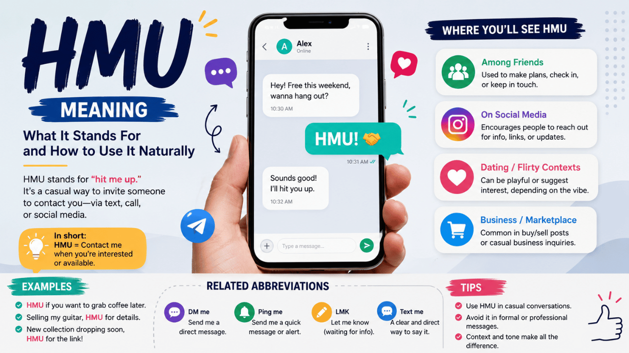 Infographic explaining the HMU meaning (Hit Me Up), featuring text message examples, social media uses, related abbreviations, and tips for using the slang naturally in chats and online conversations.