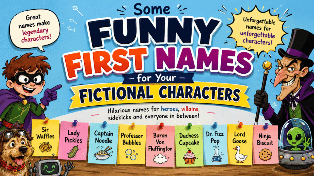 Cartoon illustration of funny first names for fictional characters featuring playful names like Sir Waffles, Lady Pickles, Captain Noodle, and Lord Goose.