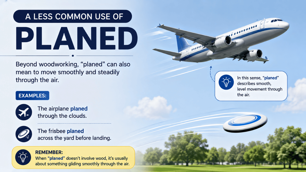 A less common use of “planed” showing an airplane and frisbee moving smoothly and steadily through the air, with examples explaining the word’s meaning beyond woodworking.
