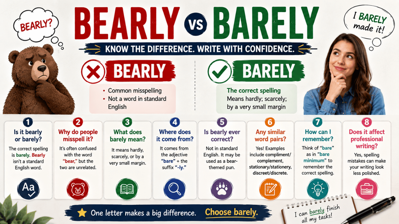 Infographic comparing bearly or barely, explaining that “barely” is the correct spelling, with meanings, examples, and easy spelling tips.