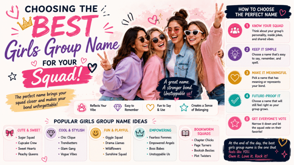 Infographic with tips for choosing the best girls group name, featuring friends, naming ideas, group vibes, and steps for selecting a memorable squad name.