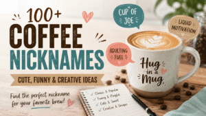 Feature image showcasing 100+ coffee nicknames, including cute, funny, creative, and popular ideas such as “Cup of Joe,” “Liquid Motivation,” and “Hug in a Mug.”