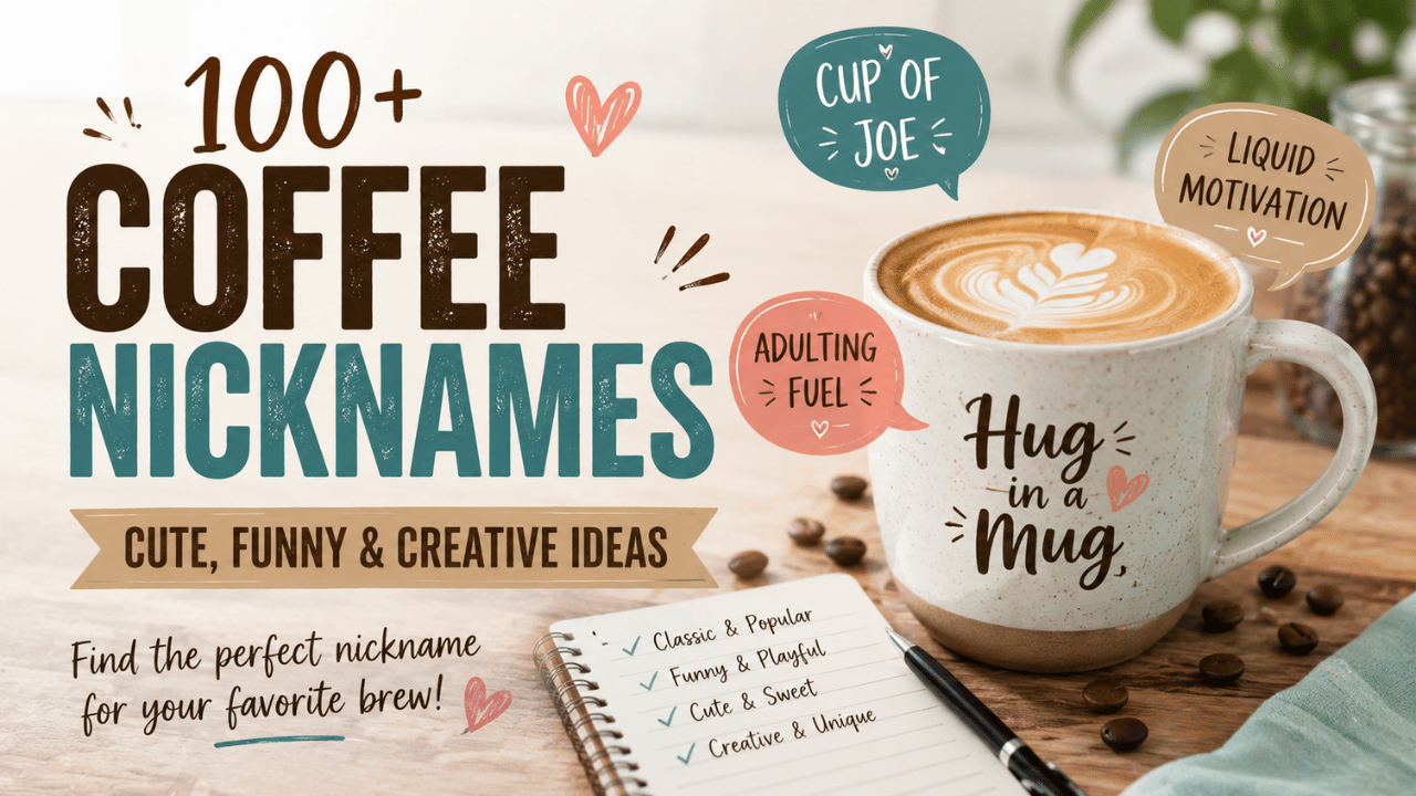 Feature image showcasing 100+ coffee nicknames, including cute, funny, creative, and popular ideas such as “Cup of Joe,” “Liquid Motivation,” and “Hug in a Mug.”