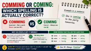 Comming or Coming spelling comparison showing the correct spelling “coming” with one M and the silent-e spelling rule.