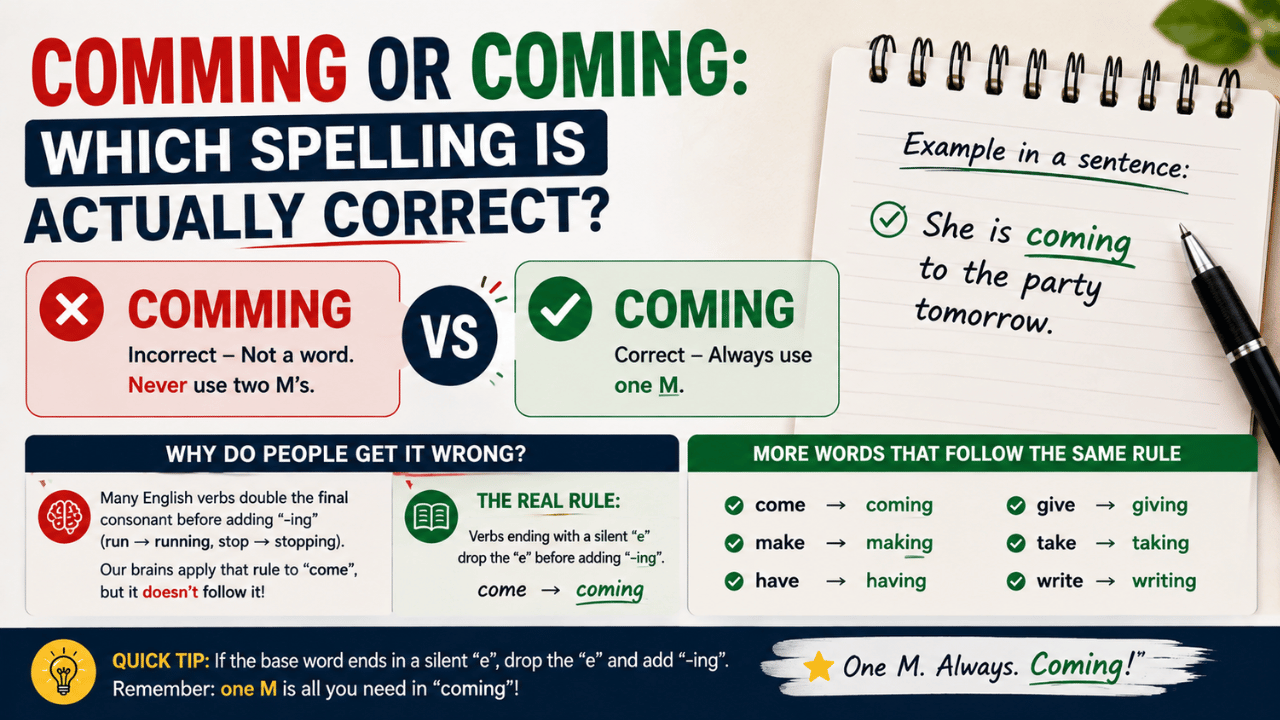 Comming or Coming spelling comparison showing the correct spelling “coming” with one M and the silent-e spelling rule.