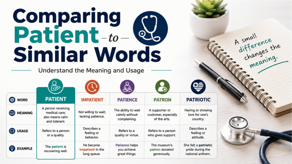 Comparing patient with similar words, including impatient, patience, patron, and patriotic, with meanings and usage examples.