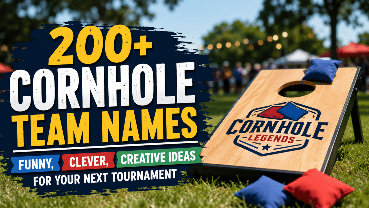 200+ funny, clever, and creative cornhole team names for your next tournament, featuring a cornhole board and colorful bean bags.