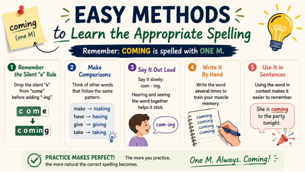 Easy methods for learning the correct spelling of “coming,” including the silent-e rule, practice tips, and example sentences.
