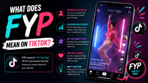 Infographic explaining FYP meaning on TikTok, showing the “For You Page,” personalized content, hashtags, user controls, and how FYP exposure can boost views and followers.