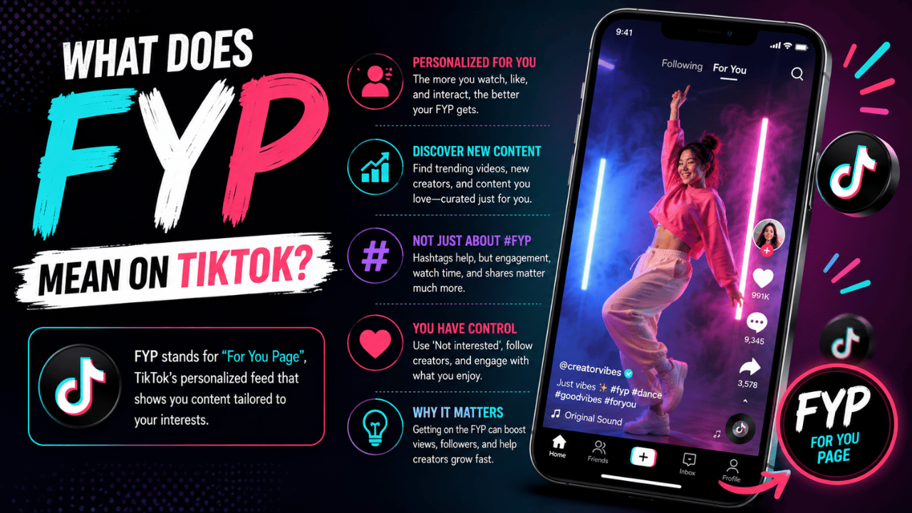 Infographic explaining FYP meaning on TikTok, showing the “For You Page,” personalized content, hashtags, user controls, and how FYP exposure can boost views and followers.
