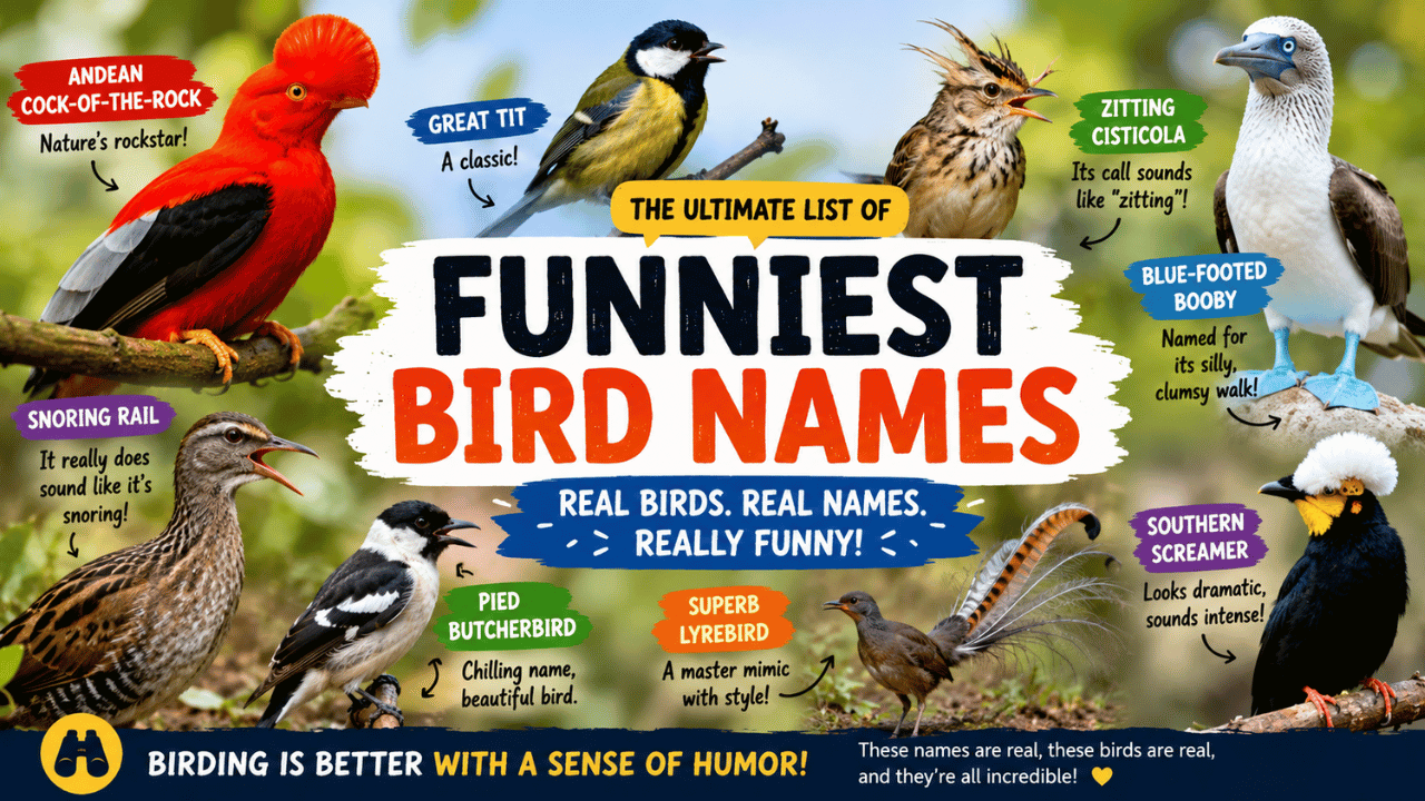 Feature image showcasing funny bird names with real bird species, including the Blue-Footed Booby, Great Tit, Andean Cock-of-the-rock, and other hilariously named birds.