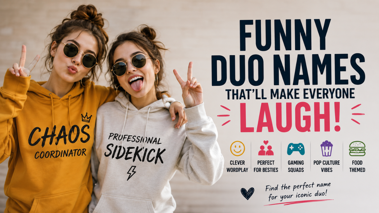 Feature image of two best friends posing together with the title "Funny Duo Names That'll Make Everyone Laugh," highlighting creative, cute, gaming, food-themed, and pop culture-inspired duo name ideas in a clean, modern design.