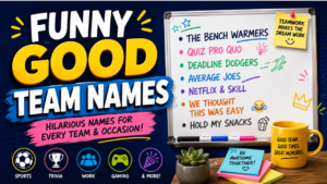 Feature image showcasing funny good team names on a colorful whiteboard with creative name ideas, sports, trivia, gaming, and work icons, designed to inspire teams with hilarious and memorable name suggestions.