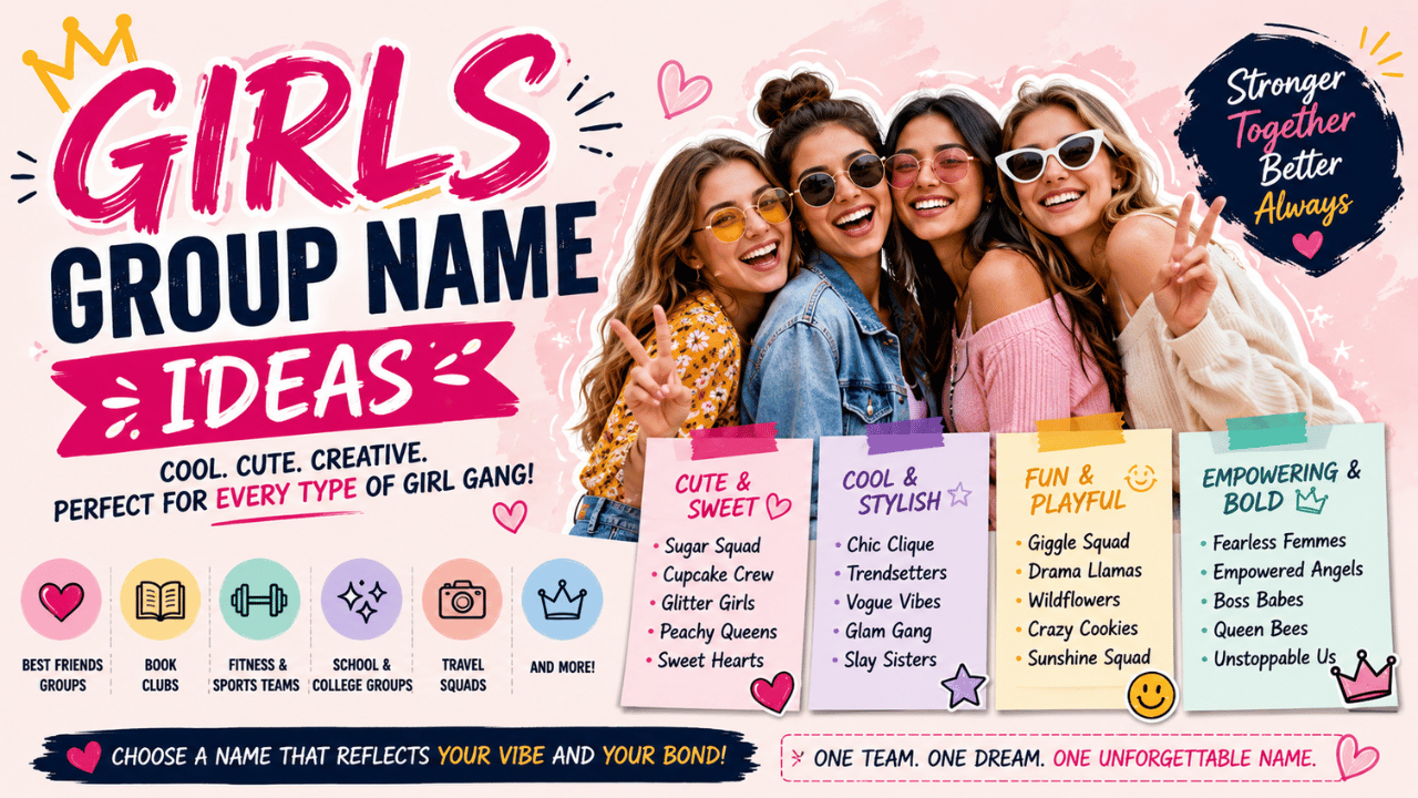 Girls group name ideas infographic featuring four friends, with cute, cool, funny, and empowering group name suggestions.