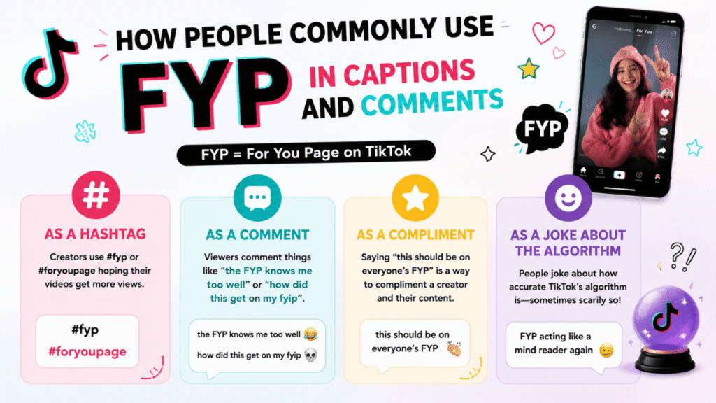 Infographic explaining how FYP, meaning For You Page, is used on TikTok as a hashtag, comment, compliment, and joke about the algorithm.