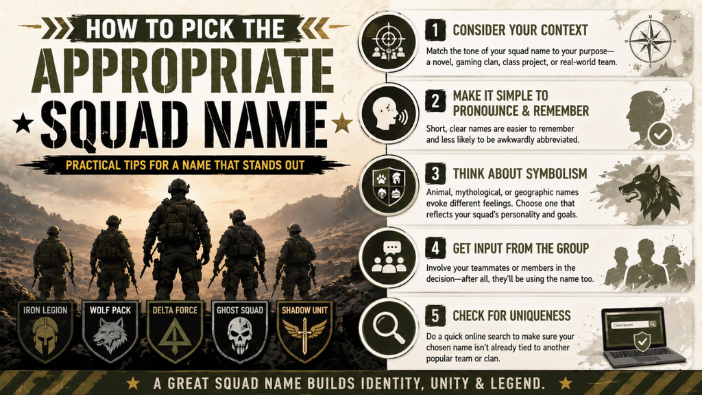 Infographic showing tips for choosing the appropriate squad name, including considering context, keeping it simple, using symbolism, getting group input, and checking for uniqueness.