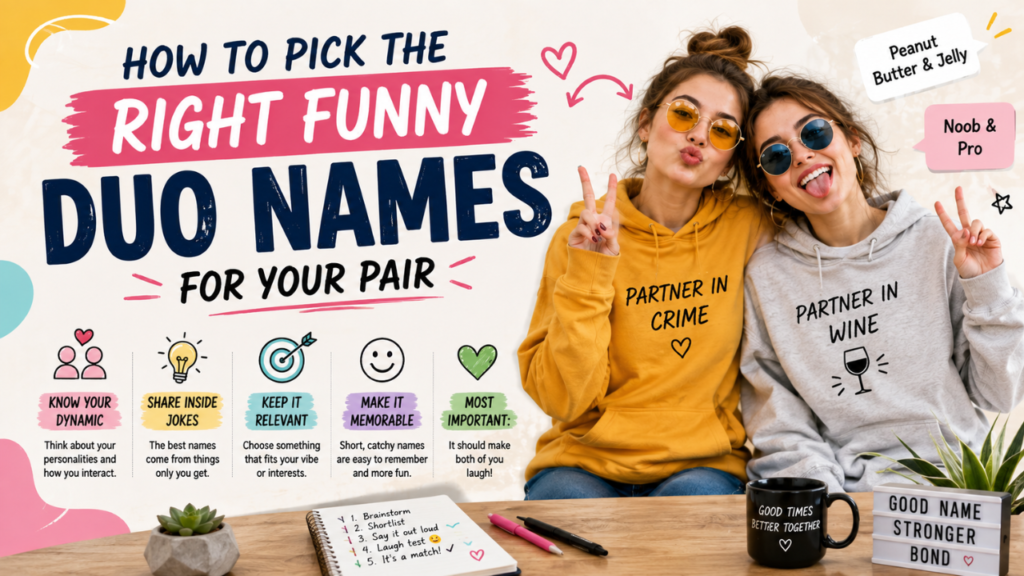 Feature image showing two best friends choosing the perfect funny duo name, with tips on picking memorable, creative, and personality-based duo names in a clean, modern design.