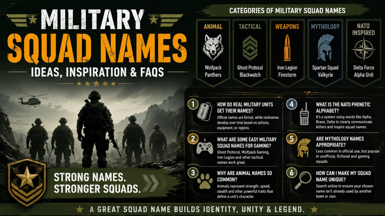 Military squad names infographic featuring tactical, animal, mythology, and NATO-inspired name ideas, along with tips for choosing a unique squad name.