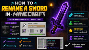 Minecraft sword names feature image showing creative minecraft sword names, a Netherite sword, an anvil, XP cost, and custom naming examples.
