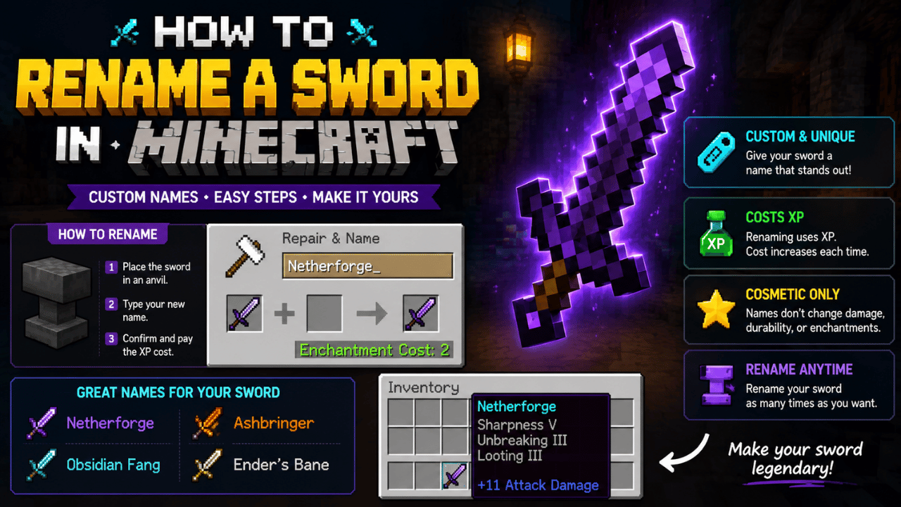 Minecraft sword names feature image showing creative minecraft sword names, a Netherite sword, an anvil, XP cost, and custom naming examples.