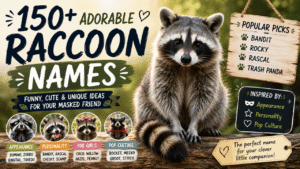 Feature image of adorable names for raccoons featuring a raccoon in a forest with popular name ideas like Bandit, Rocky, Rascal, and Trash Panda, plus cute, funny, and unique naming inspiration.