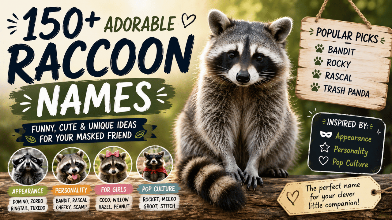 Feature image of adorable names for raccoons featuring a raccoon in a forest with popular name ideas like Bandit, Rocky, Rascal, and Trash Panda, plus cute, funny, and unique naming inspiration.