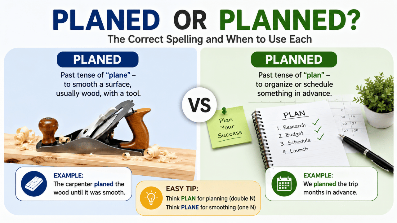 Planed or planned spelling comparison infographic showing “planed” for smoothing wood and “planned” for organizing or scheduling something in advance.