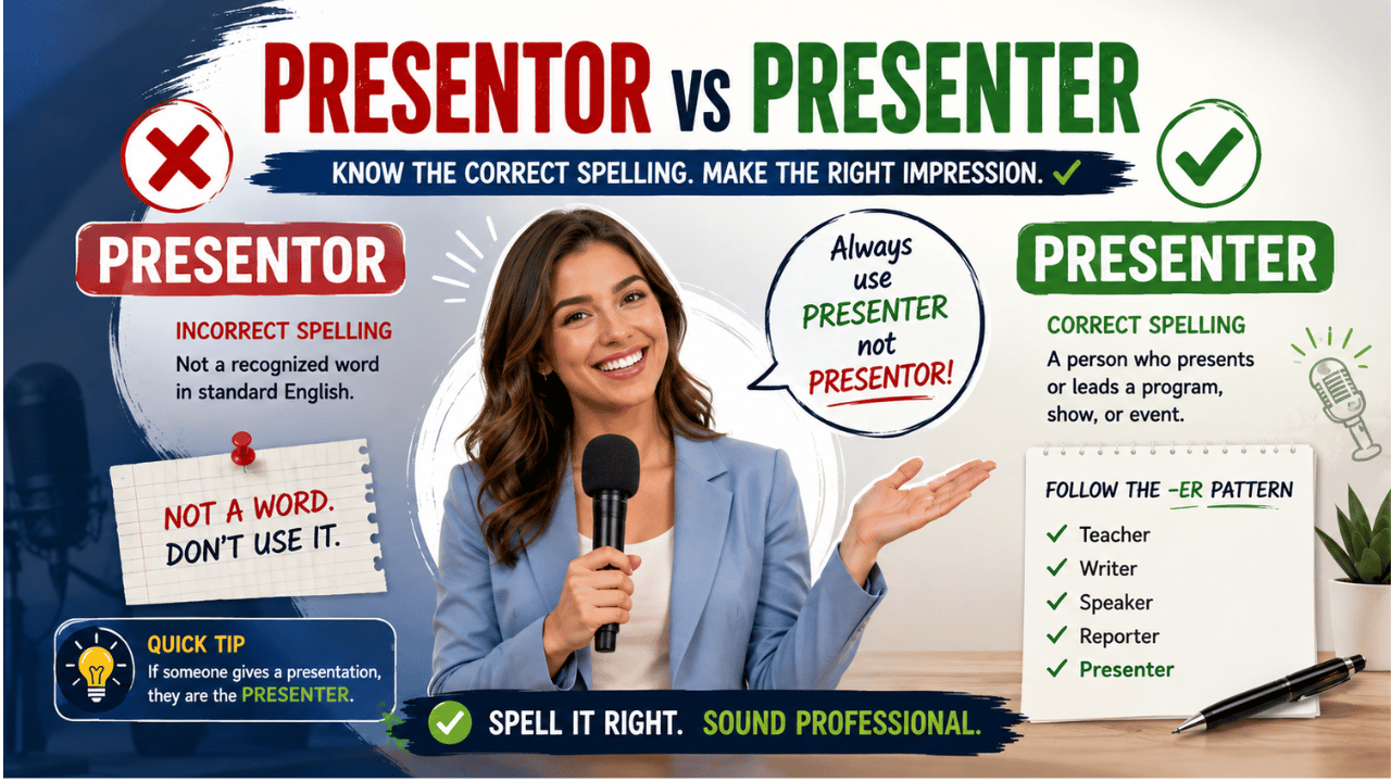 Infographic comparing presentor vs presenter, showing that “presenter” is the correct spelling with examples and spelling tips.