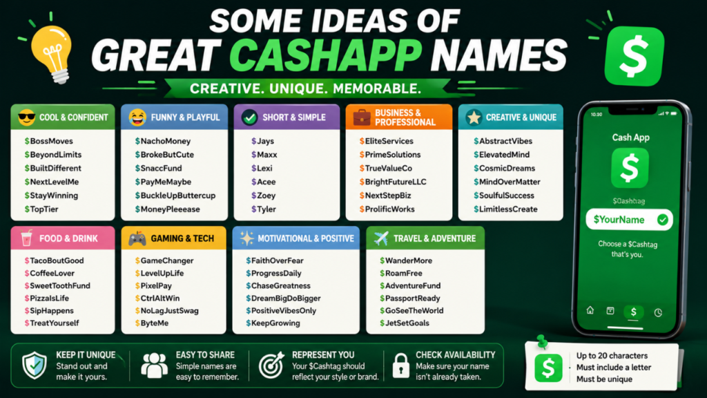 Infographic featuring some ideas of great Cashapp names with creative, funny, cool, professional, and unique $Cashtag examples for personal and business accounts.
