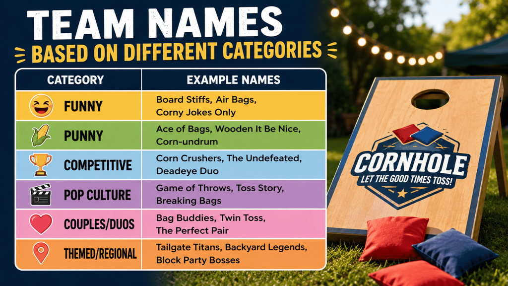 Cornhole team names categorized into funny, punny, competitive, pop culture, couples or duos, and themed or regional ideas, with a cornhole board and colorful bean bags.