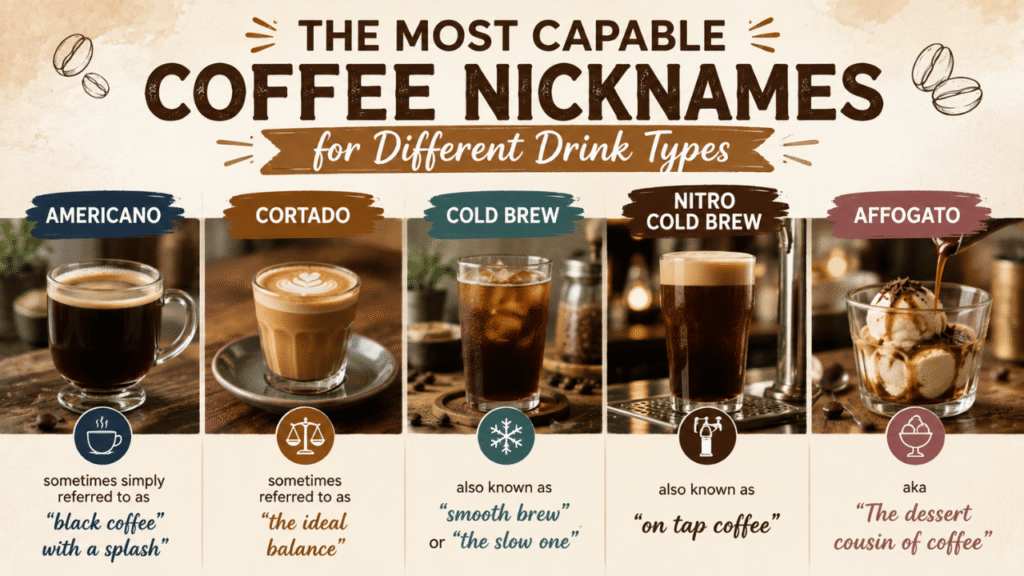 Feature image showing coffee nicknames for different drink types, including Americano, Cortado, Cold Brew, Nitro Cold Brew, and Affogato with their creative nicknames.
