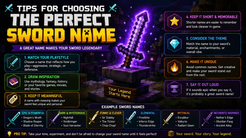 Minecraft infographic showing tips for choosing the perfect sword name, with creative Minecraft sword names, naming ideas, themes, and a glowing enchanted sword on an anvil.