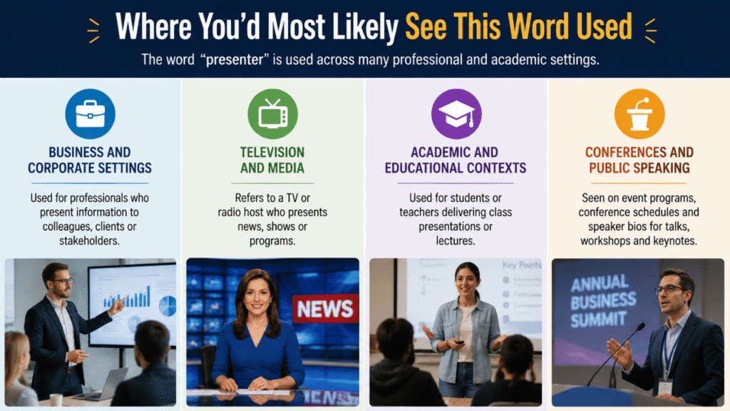 Where you’d most likely see the word “presenter” in business, television, academic, and public speaking settings.
