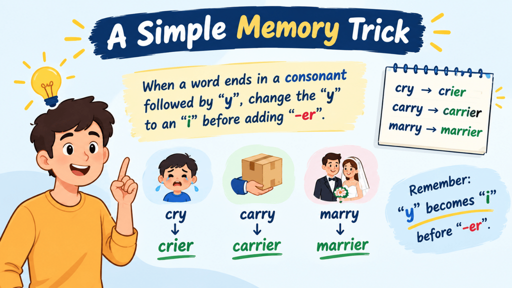 Simple memory trick graphic showing “crier” linked to “cries” to help remember the correct spelling.
