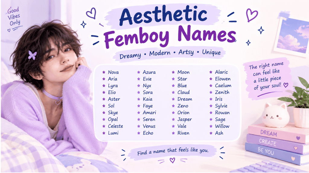 Aesthetic femboy names infographic featuring dreamy, modern, and unique name ideas such as Nova, Aria, Lyra, Elio, Lumi, Sora, Orion, and Willow.