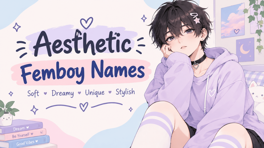 Aesthetic femboy names with a cute, soft, dreamy, and stylish character illustration.