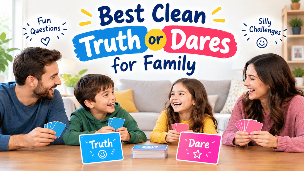 Best clean Truth or Dares for family featuring parents and children enjoying a fun, family-friendly card game together.