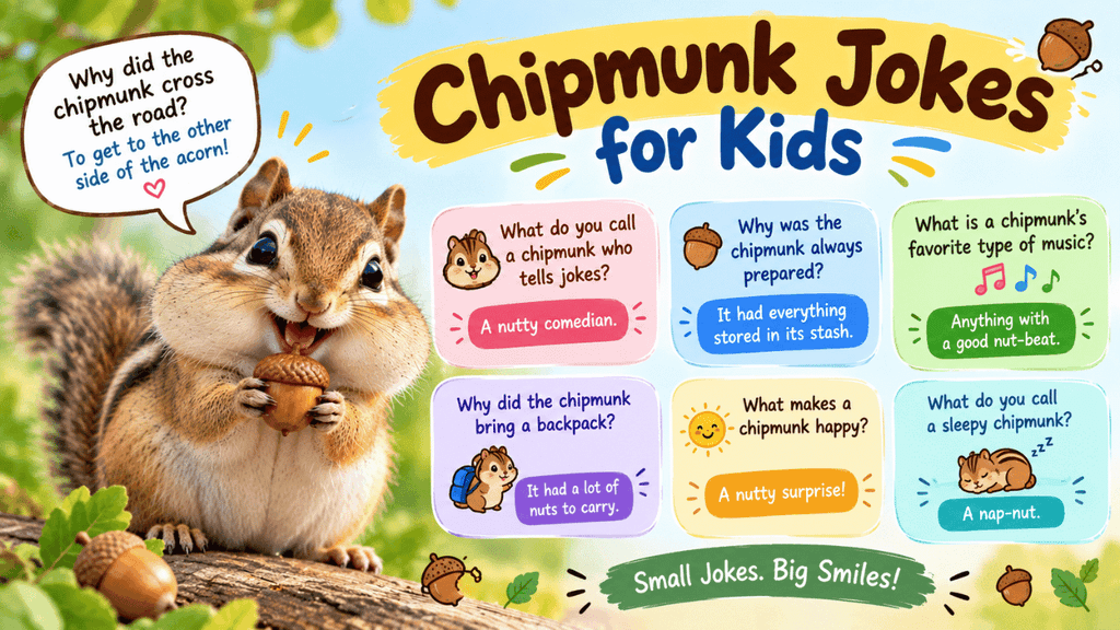 Chipmunk jokes for kids featuring a cute chipmunk with an acorn, funny questions, simple nut-themed punchlines, and family-friendly humor.