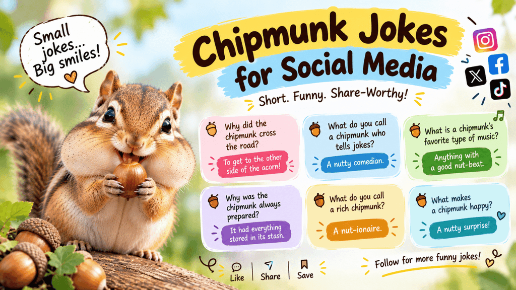 Chipmunk jokes for social media featuring a cute chipmunk with an acorn, funny puns, short captions, and shareable nut-themed jokes.