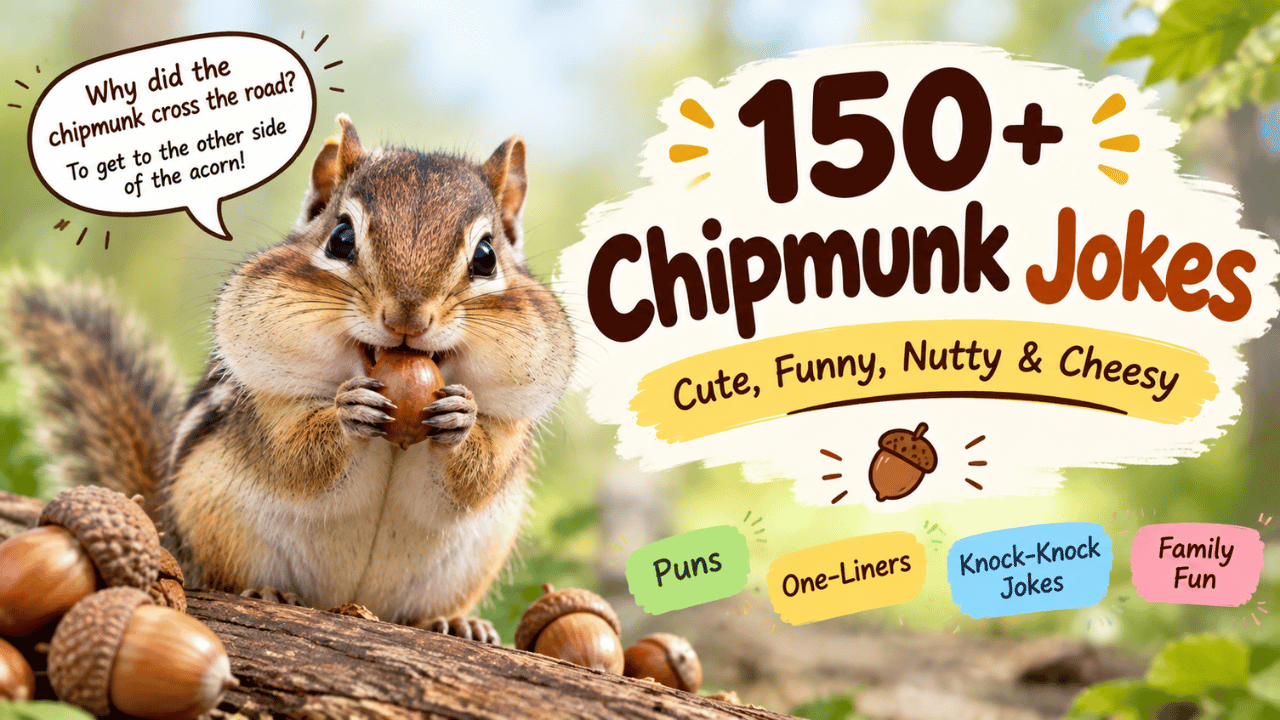 150+ chipmunk jokes infographic featuring a cute chipmunk with an acorn, funny puns, one-liners, knock-knock jokes, and family-friendly humor.