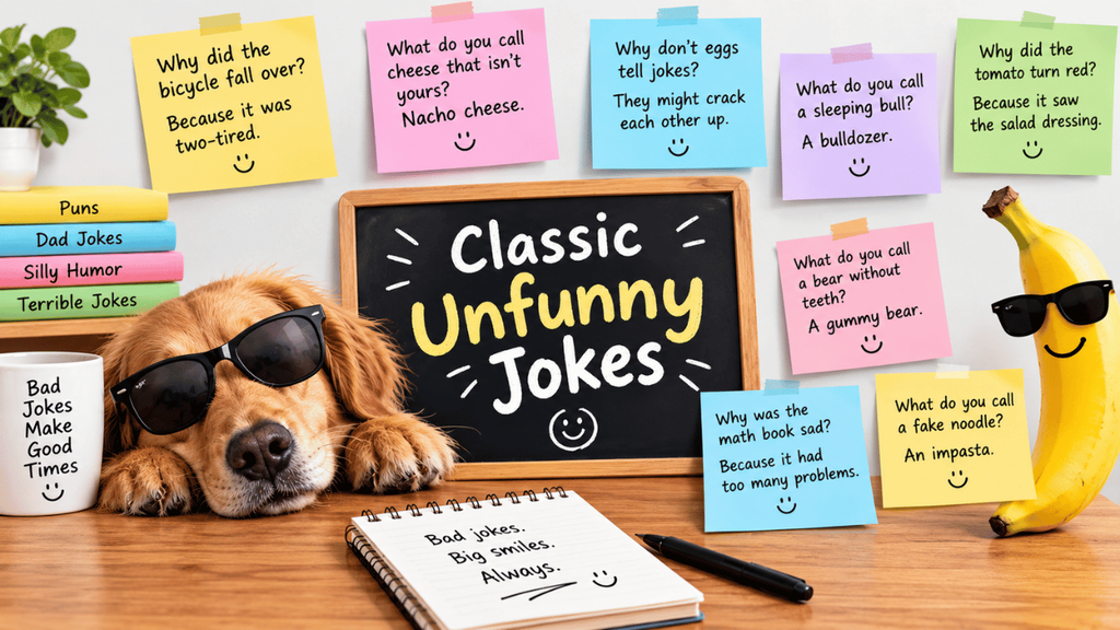 Classic unfunny jokes feature image showing a dog wearing sunglasses, a smiling banana, colorful sticky notes with bad jokes, and a chalkboard titled “Classic Unfunny Jokes” on a playful desk setup.