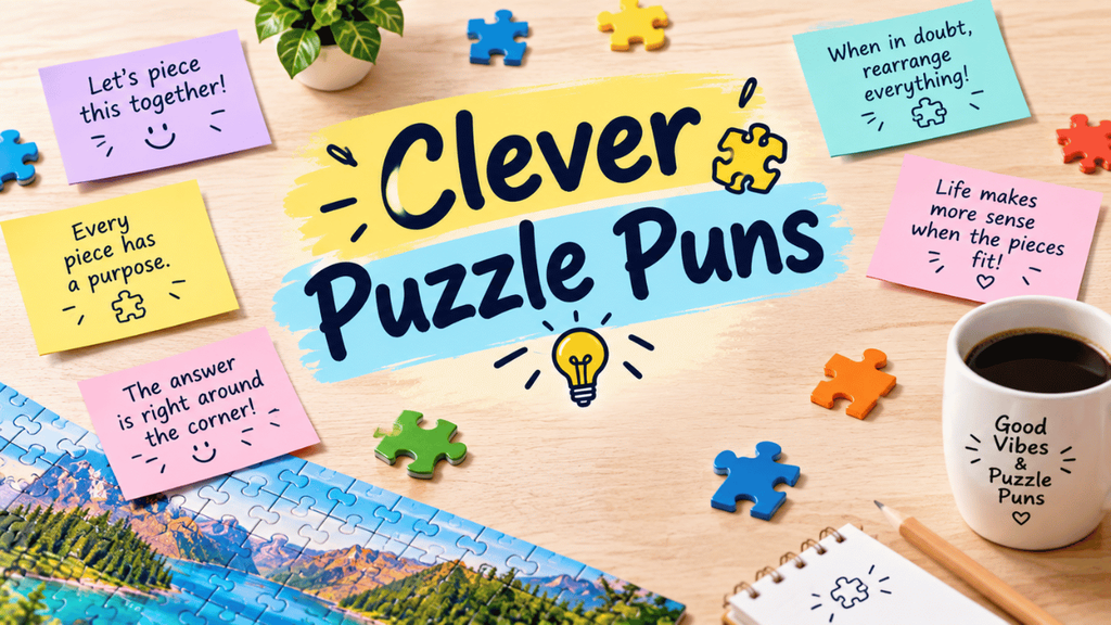 Clever puzzle puns feature image with colorful jigsaw pieces, playful sticky notes, a coffee mug, and the title “Clever Puzzle Puns.”