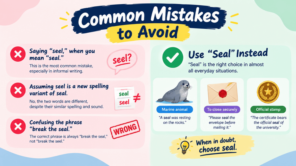 Common mistakes when using “seal” and “seel,” with examples showing the correct use of “seal” in everyday writing.