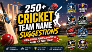 Cricket team name suggestions graphic featuring a cricket bat, red cricket ball, stumps, stadium, and colorful team name badges.